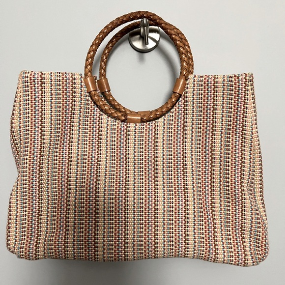 Fossil multi color woven tote with round woven tan leather handles - Picture 2 of 5